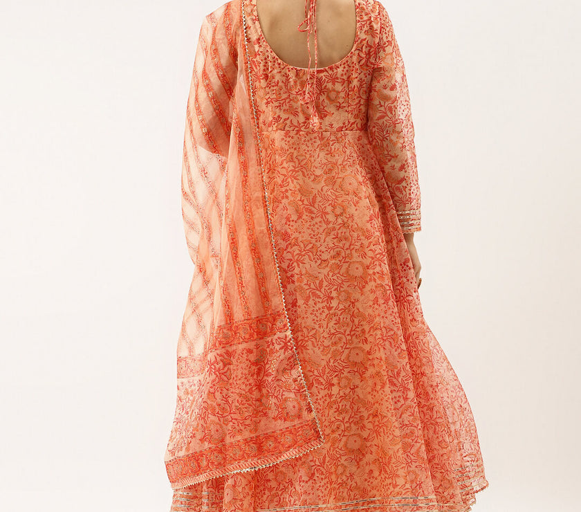 Orange Floral Print Organza Anarkali Kurta set with Dupatta