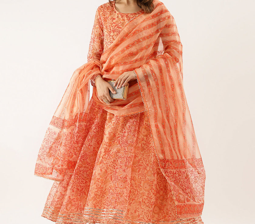 Orange Floral Print Organza Anarkali Kurta set with Dupatta