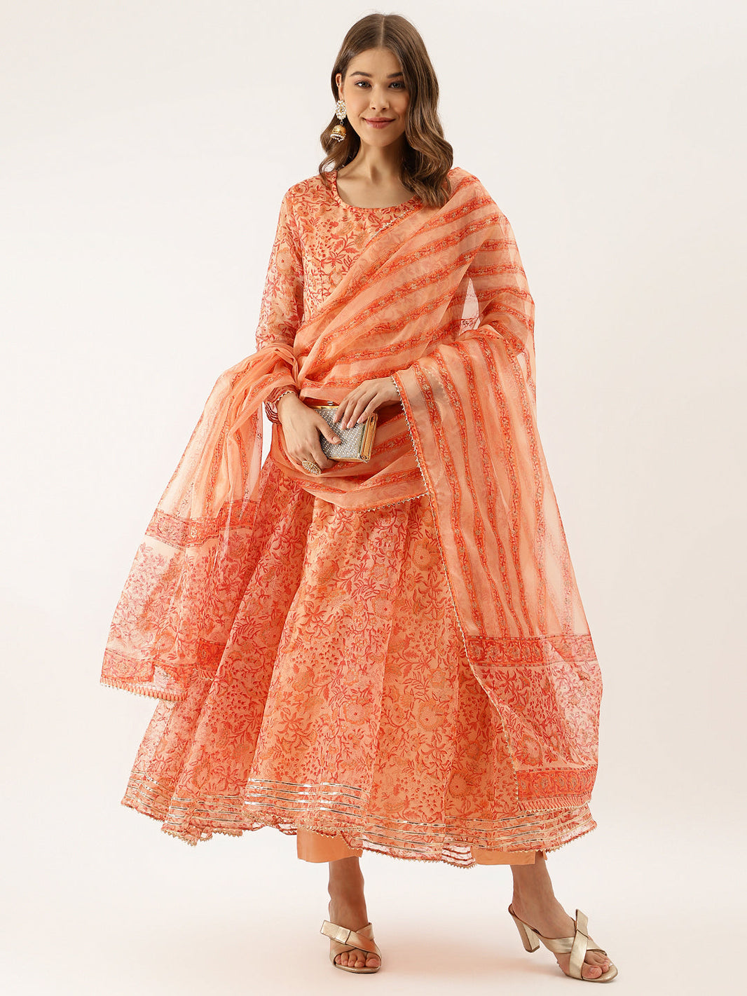 Orange Floral Print Organza Anarkali Kurta set with Dupatta