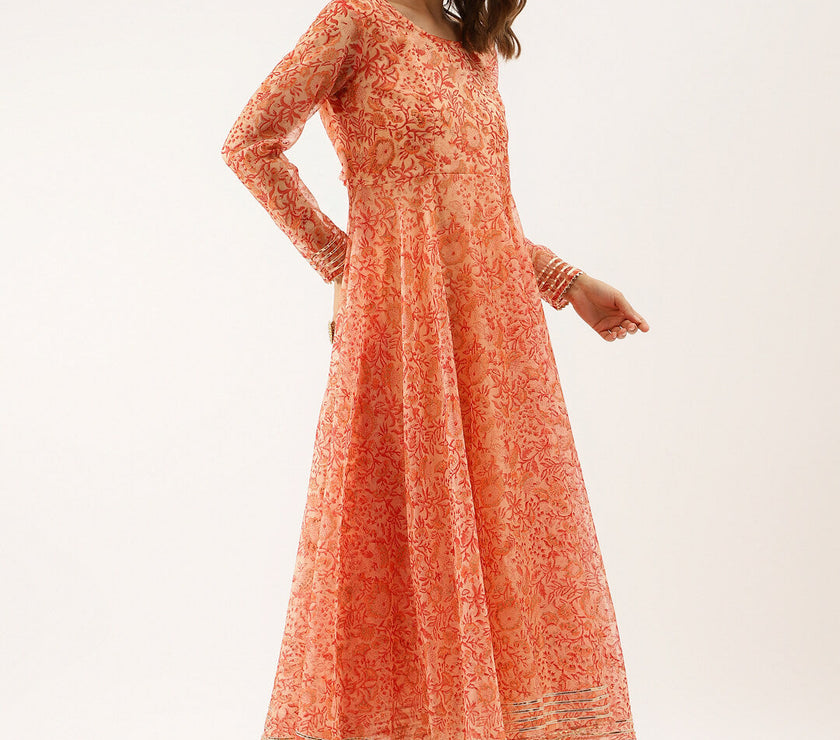 Orange Floral Print Organza Anarkali Kurta set with Dupatta