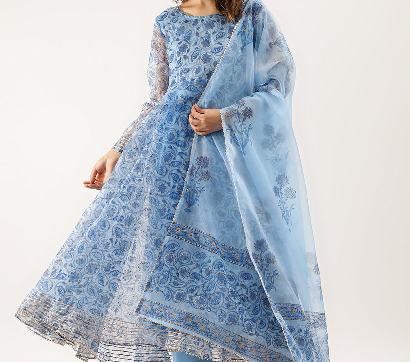 Sky Blue Floral Printed Organza Anarkali Kurta Dupatta Set with Cotton Lining