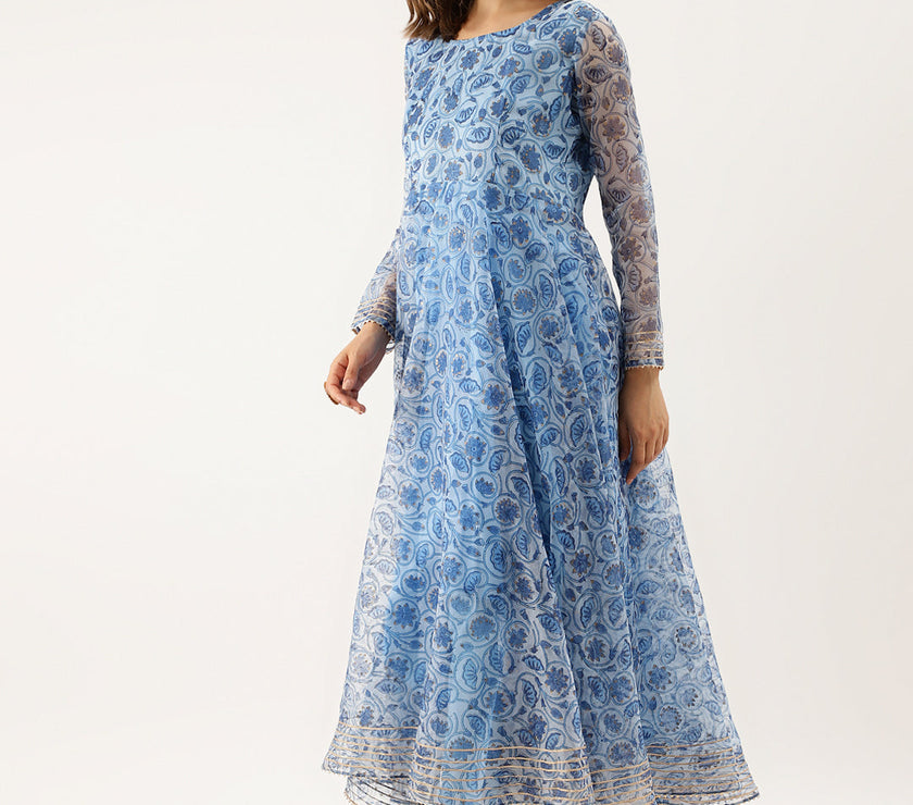 Sky Blue Floral Printed Organza Anarkali Kurta Dupatta Set with Cotton Lining