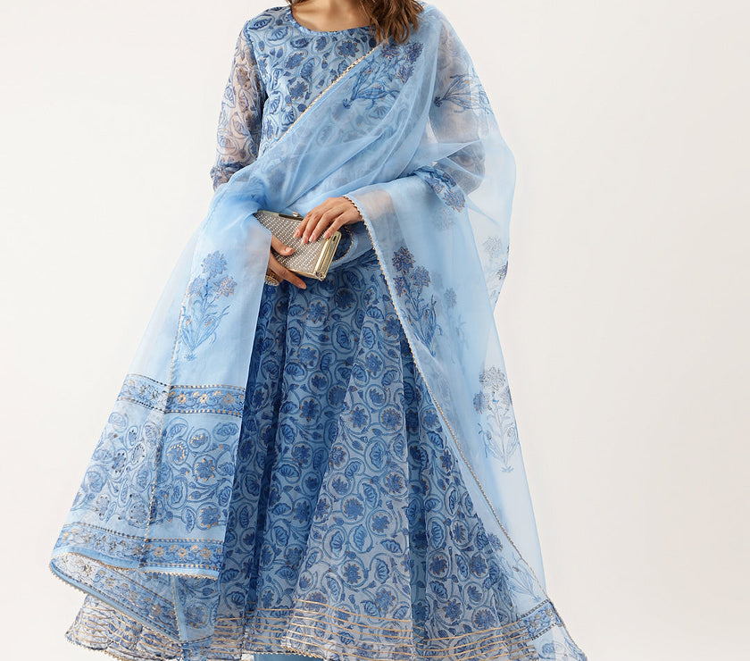 Sky Blue Floral Printed Organza Anarkali Kurta Dupatta Set with Cotton Lining