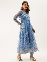 Sky Blue Floral Printed Organza Anarkali Kurta Dupatta Set with Cotton Lining