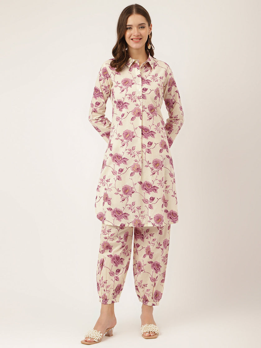 Divena Purple Floral Print Cotton Co-ord Set