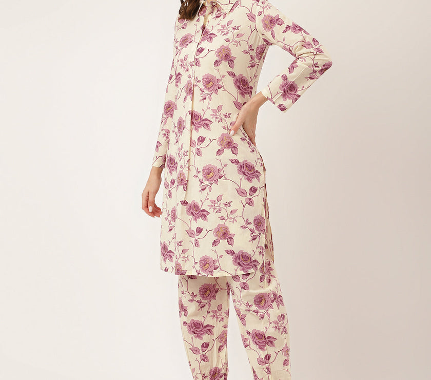 Divena Purple Floral Print Cotton Co-ord Set