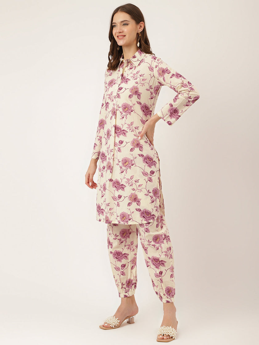 Divena Purple Floral Print Cotton Co-ord Set