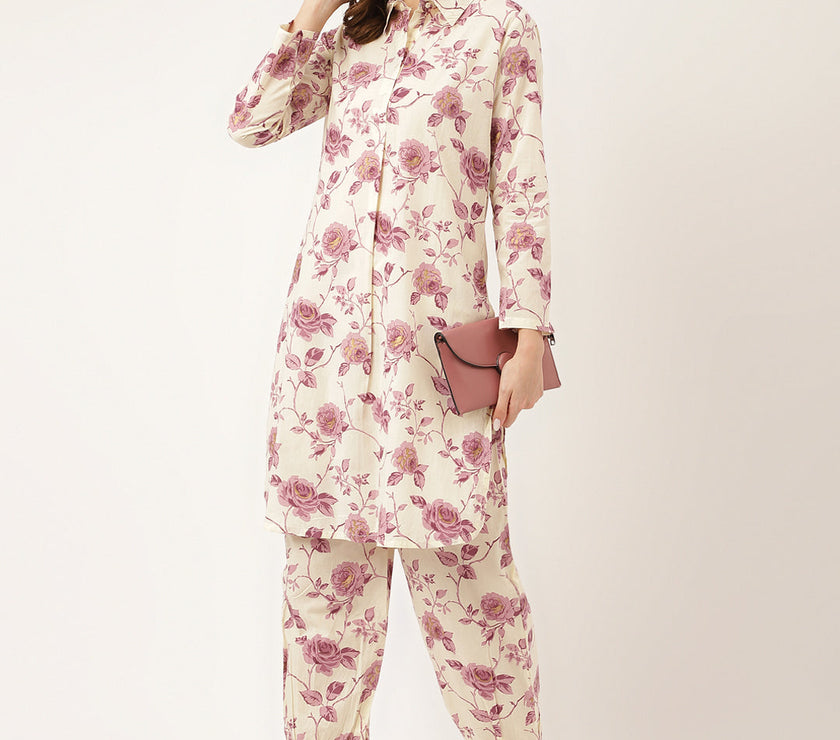 Divena Purple Floral Print Cotton Co-ord Set