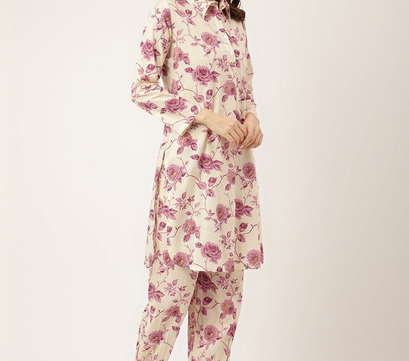 Divena Purple Floral Print Cotton Co-ord Set