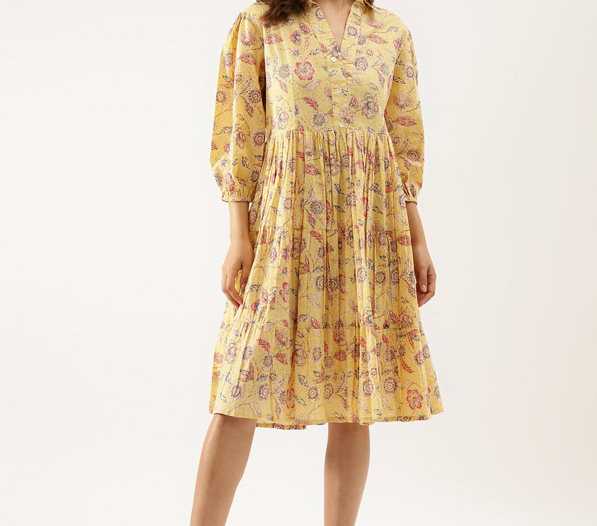 Divena Yellow Floral Printed Cotton Dress for Women