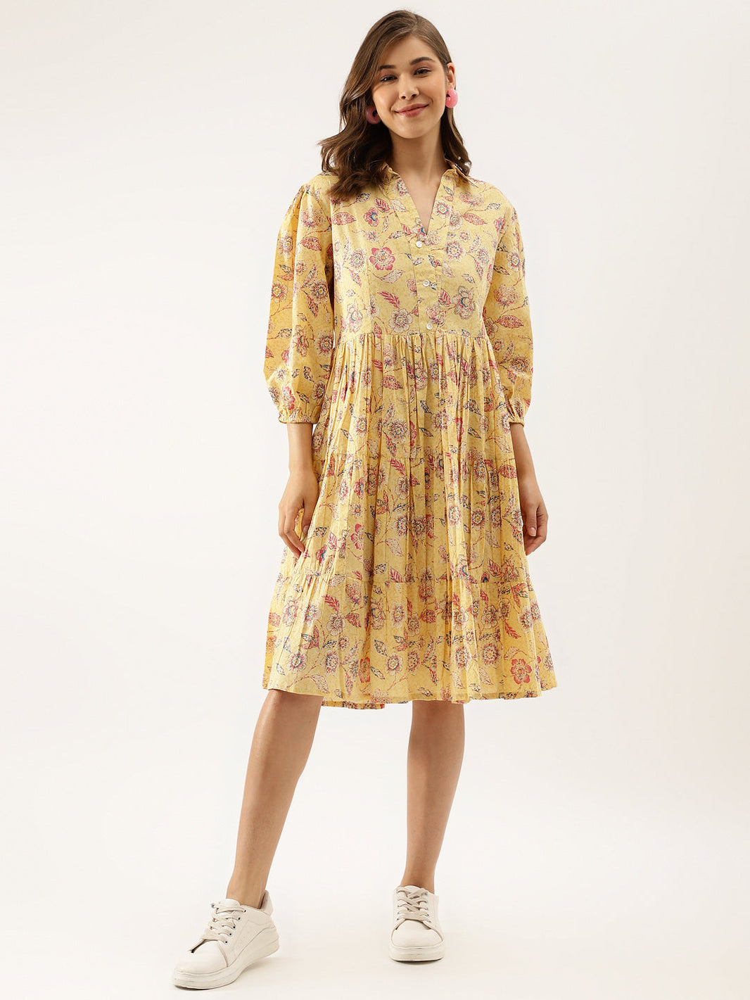 Divena Yellow Floral Printed Cotton Dress for Women