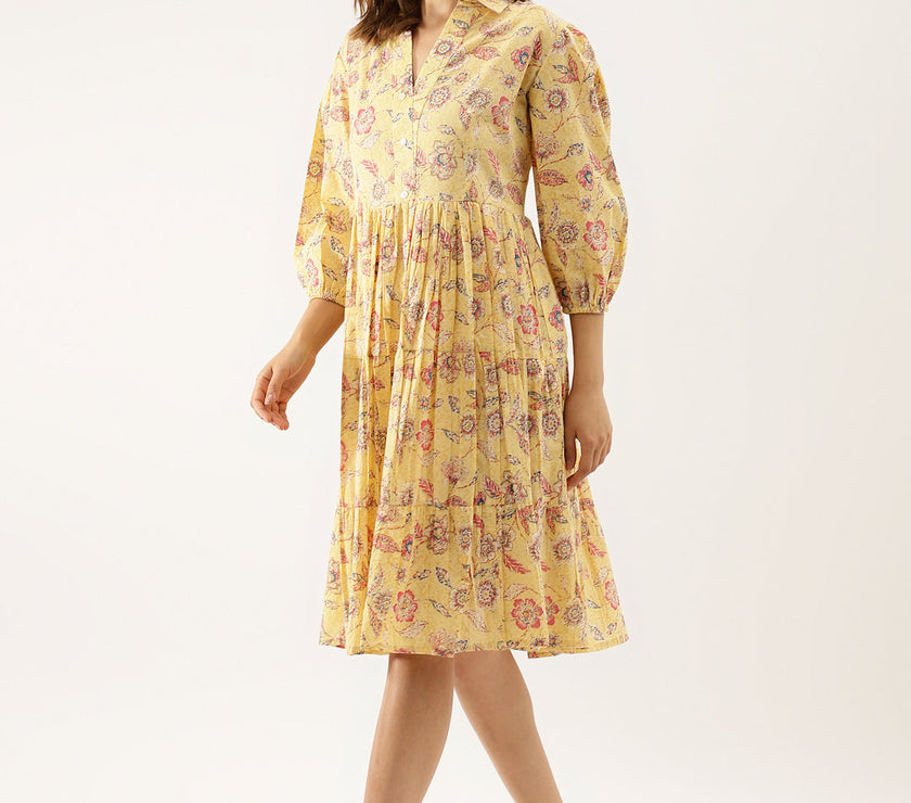 Divena Yellow Floral Printed Cotton Dress for Women