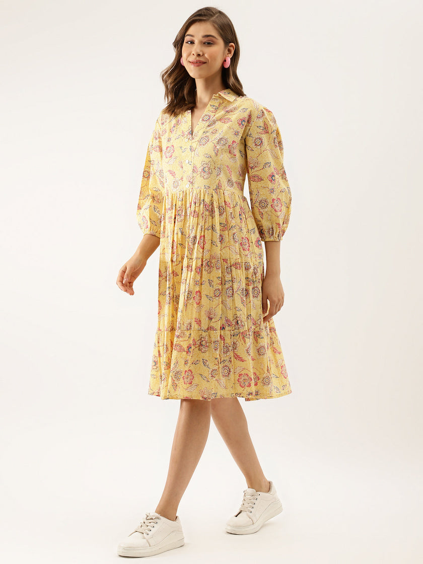 Divena Yellow Floral Printed Cotton Dress for Women