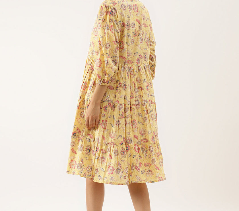 Divena Yellow Floral Printed Cotton Dress for Women