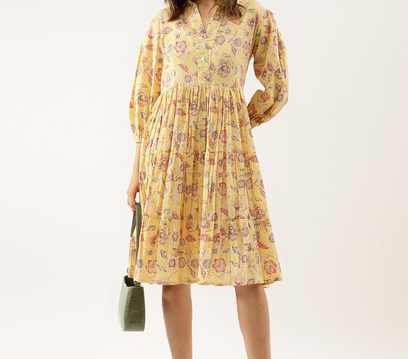 Divena Yellow Floral Printed Cotton Dress for Women