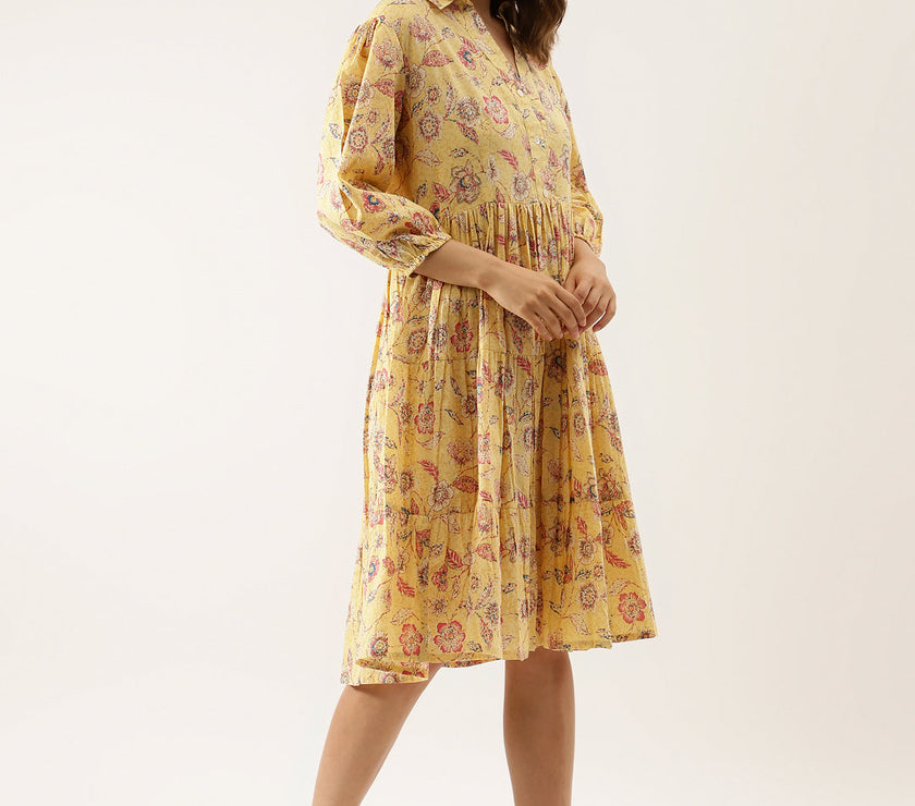 Divena Yellow Floral Printed Cotton Dress for Women