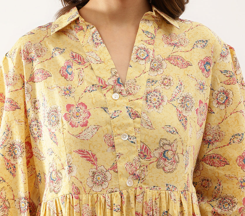 Divena Yellow Floral Printed Cotton Dress for Women