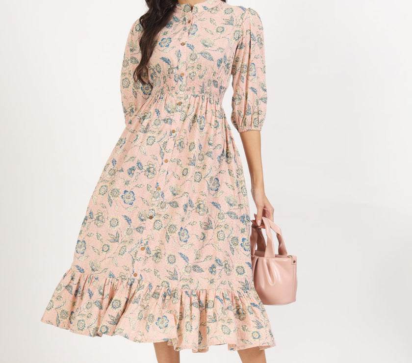 Divena Light Pink Floral Print Cotton Knee Long Dress for Women