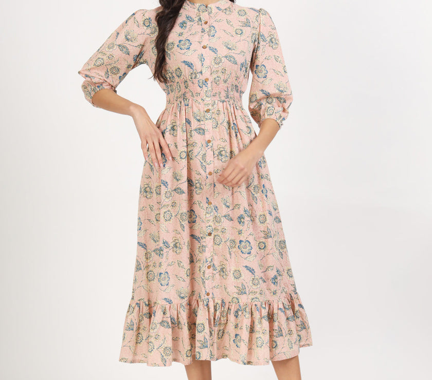 Divena Light Pink Floral Print Cotton Knee Long Dress for Women