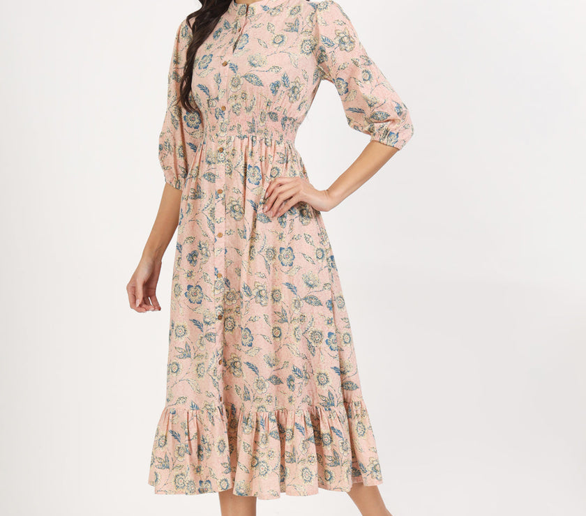 Divena Light Pink Floral Print Cotton Knee Long Dress for Women