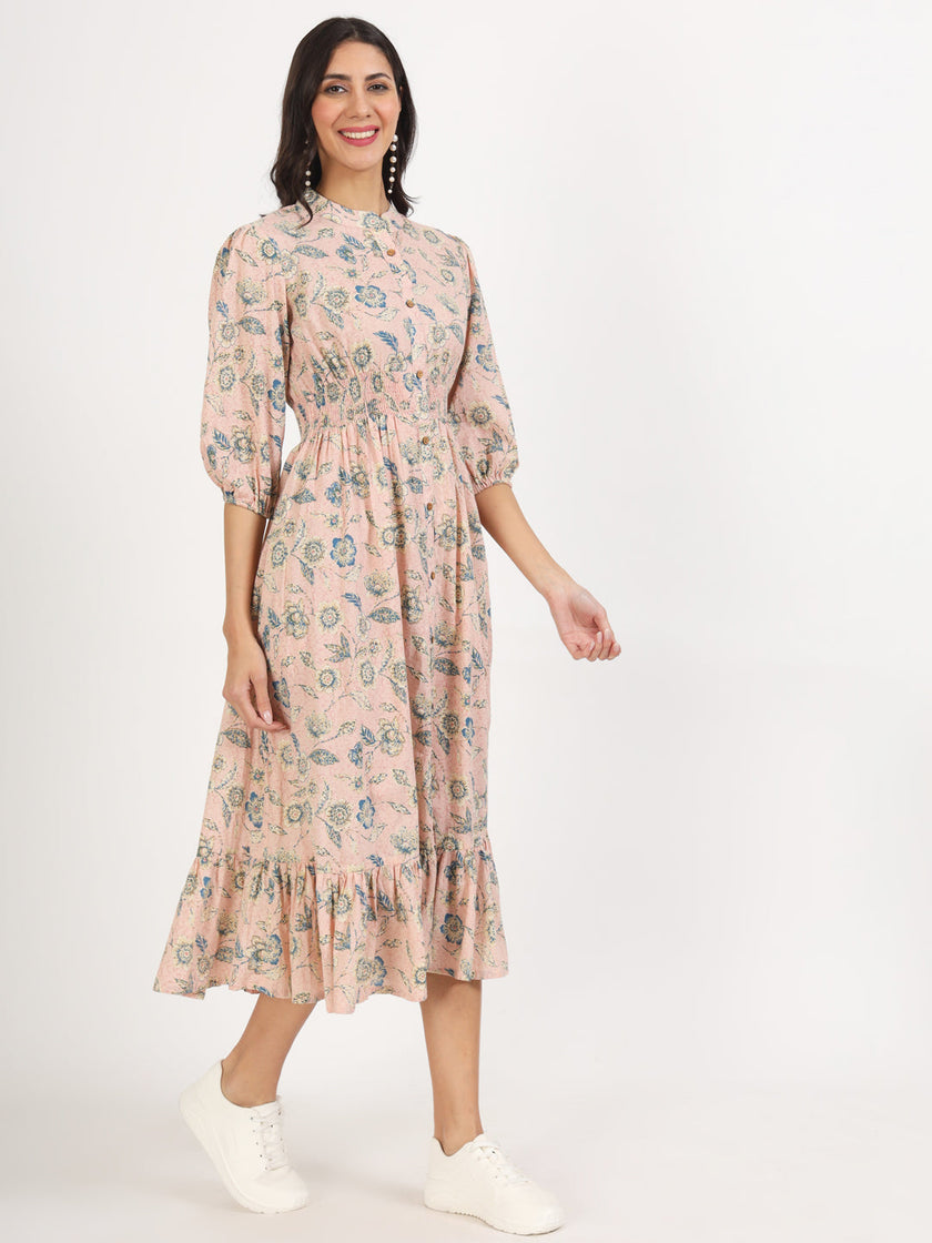 Divena Light Pink Floral Print Cotton Knee Long Dress for Women