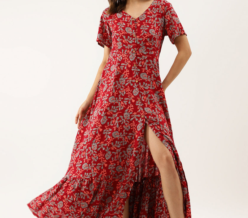 Divena Maroon Floral Printed Rayon Ethnic Dress for Women