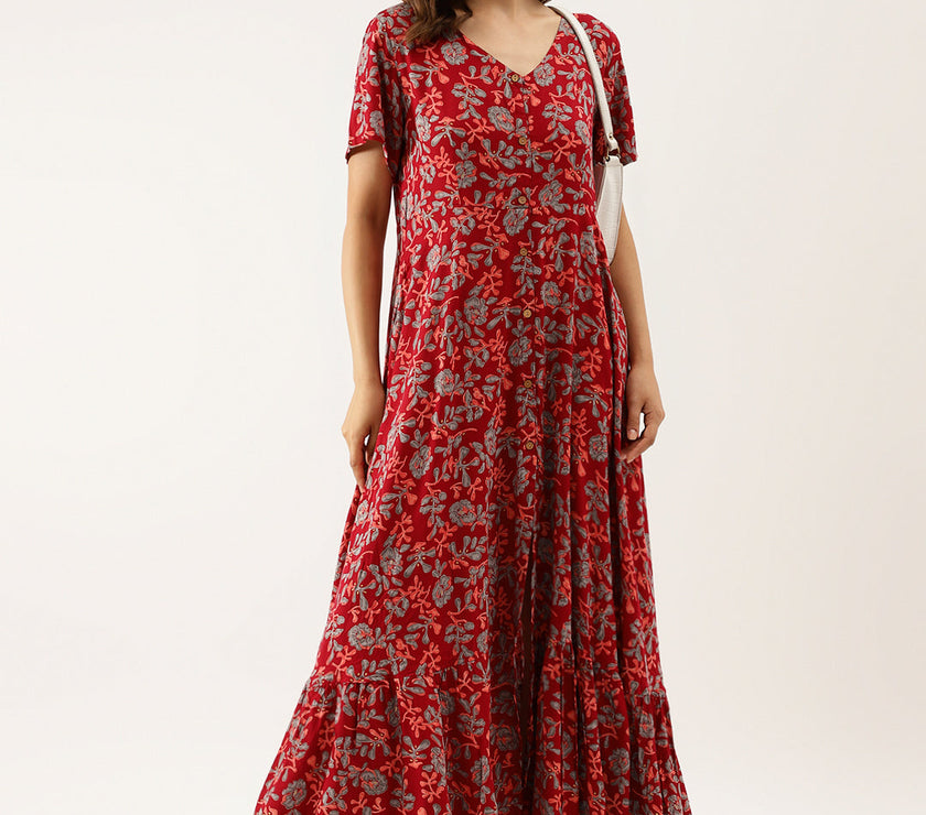 Divena Maroon Floral Printed Rayon Ethnic Dress for Women