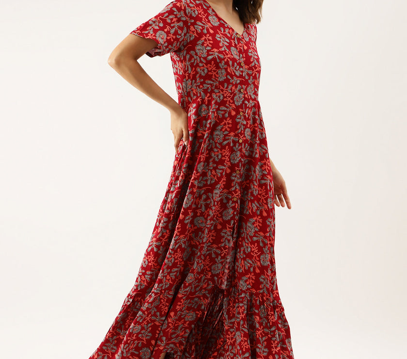 Divena Maroon Floral Printed Rayon Ethnic Dress for Women