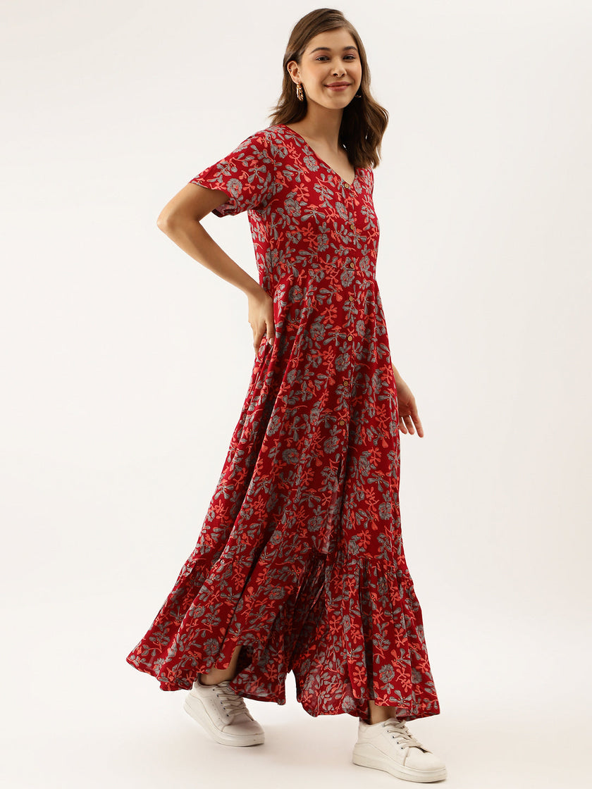 Divena Maroon Floral Printed Rayon Ethnic Dress for Women