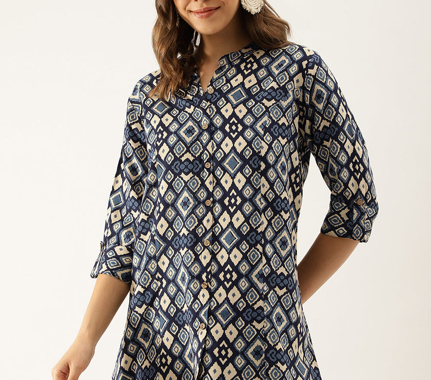 Divena Navy Blue Printed Rayon Regular Fit Top