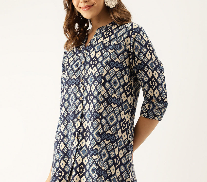 Divena Navy Blue Printed Rayon Regular Fit Top