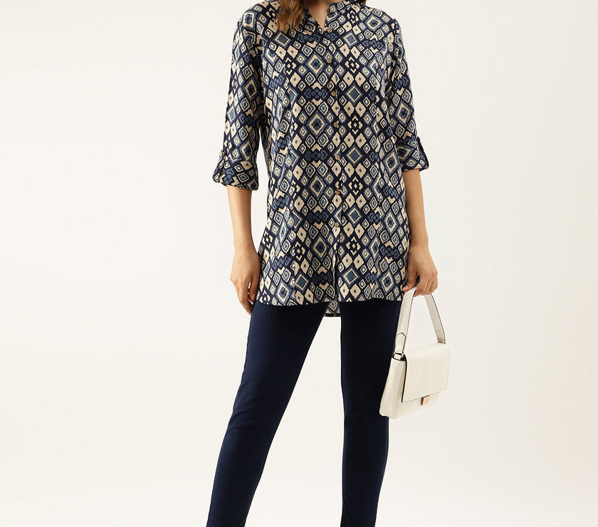 Divena Navy Blue Printed Rayon Regular Fit Top