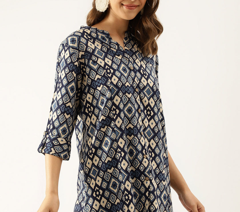 Divena Navy Blue Printed Rayon Regular Fit Top