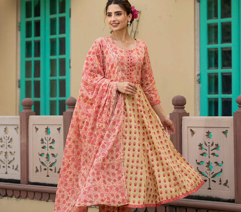 Divena Peach Floral Print Pure Cotton Anarkali Kurta & Trouser with Dupatta