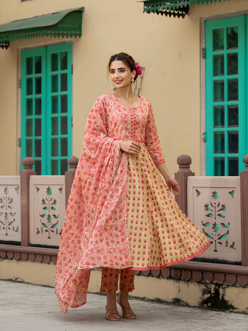 Divena Peach Floral Print Pure Cotton Anarkali Kurta & Trouser with Dupatta