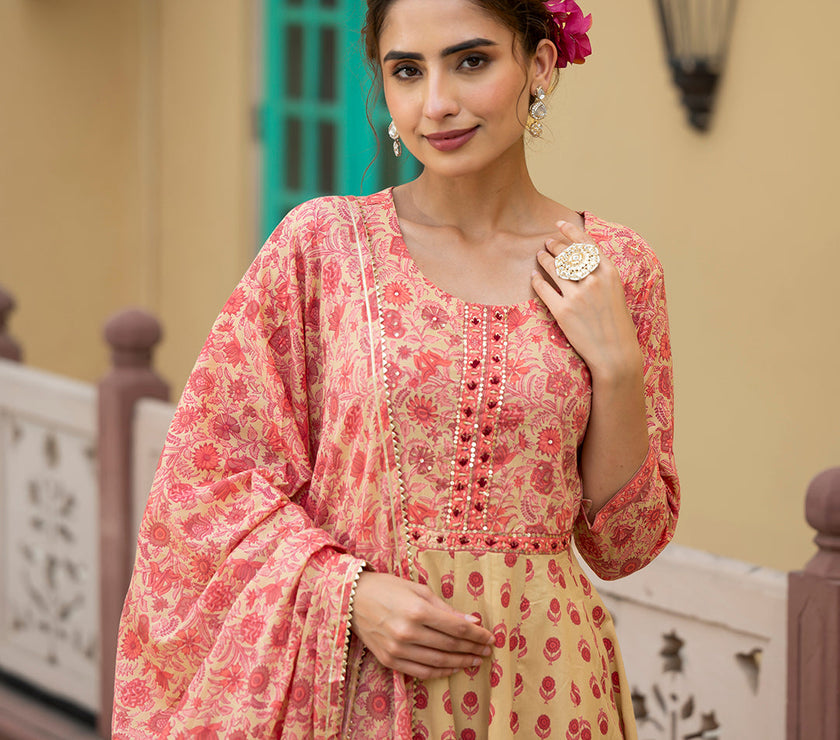 Divena Peach Floral Print Pure Cotton Anarkali Kurta & Trouser with Dupatta