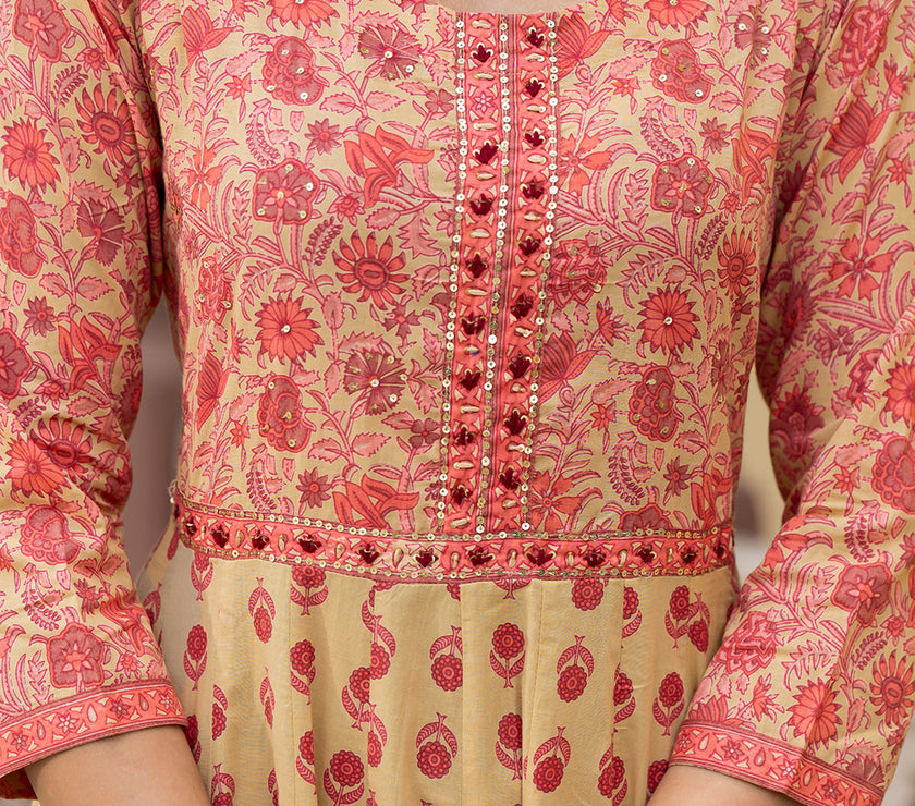 Divena Peach Floral Print Pure Cotton Anarkali Kurta & Trouser with Dupatta