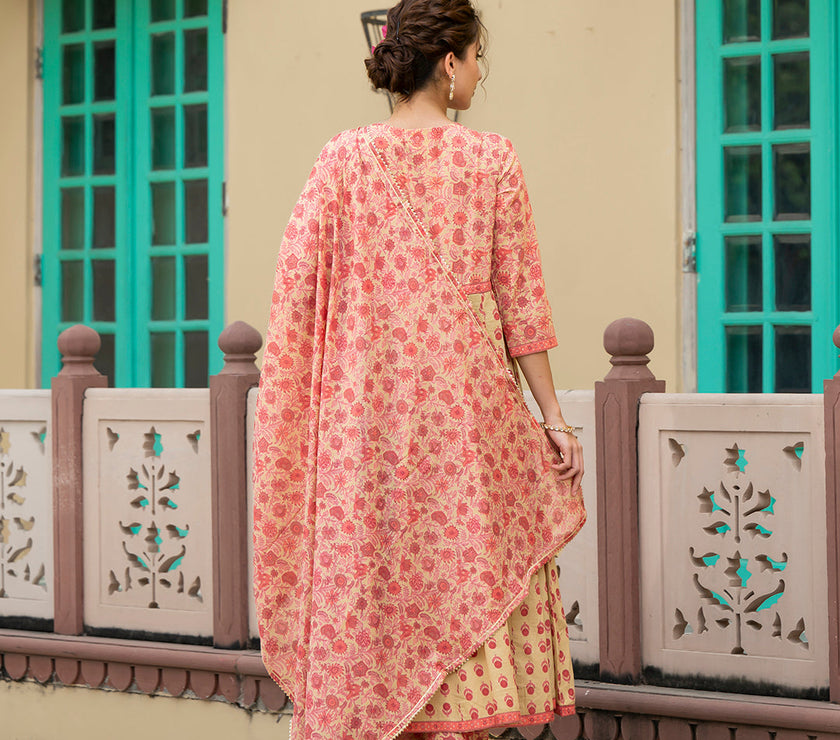 Divena Peach Floral Print Pure Cotton Anarkali Kurta & Trouser with Dupatta