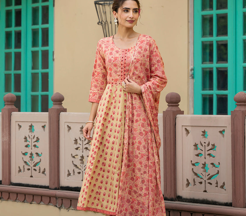 Divena Peach Floral Print Pure Cotton Anarkali Kurta & Trouser with Dupatta