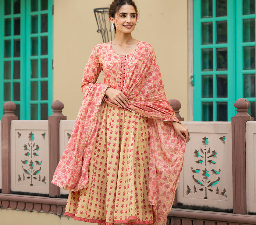 Divena Peach Floral Print Pure Cotton Anarkali Kurta & Trouser with Dupatta