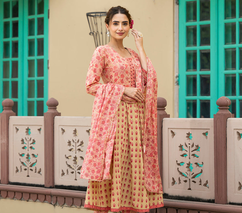 Divena Peach Floral Print Pure Cotton Anarkali Kurta & Trouser with Dupatta