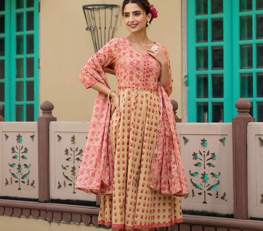 Divena Peach Floral Print Pure Cotton Anarkali Kurta & Trouser with Dupatta