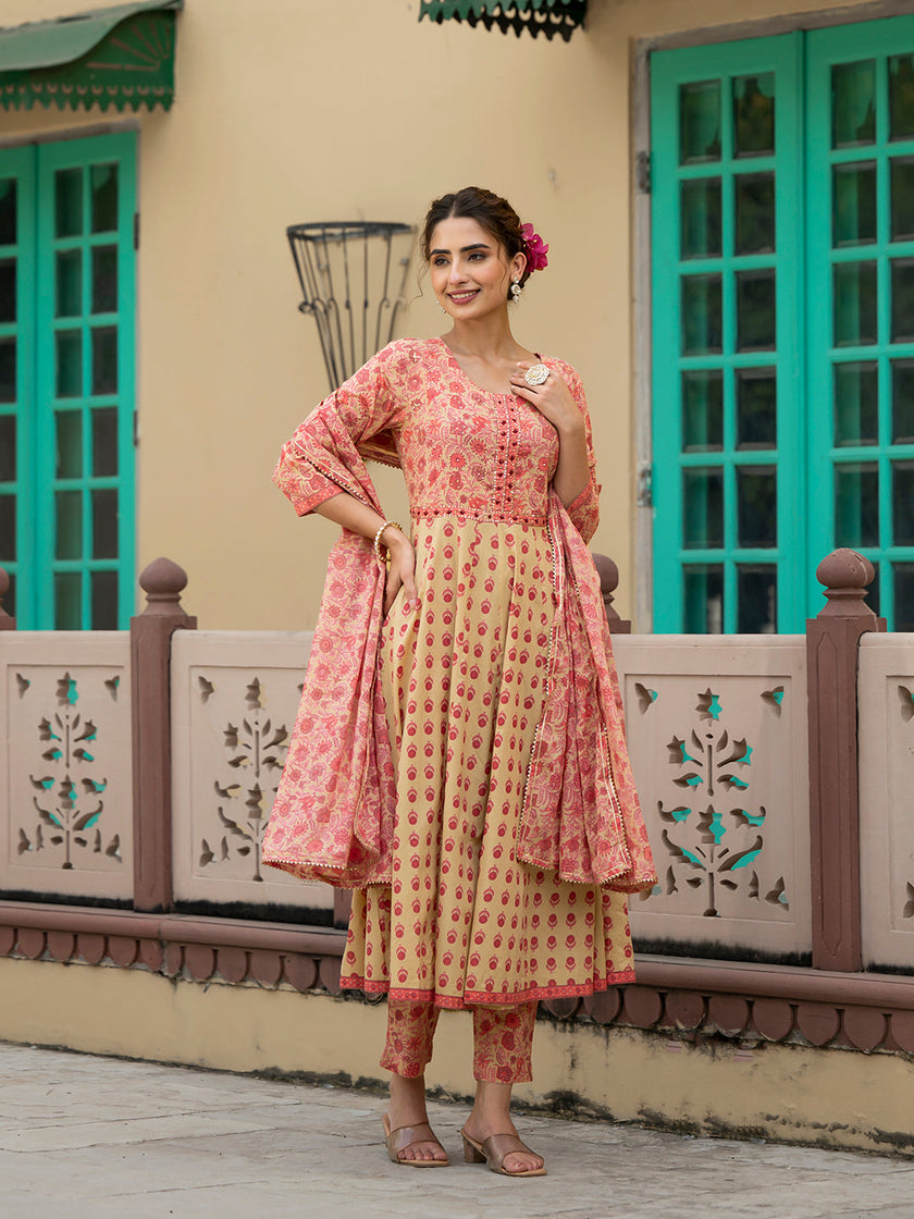 Divena Peach Floral Print Pure Cotton Anarkali Kurta & Trouser with Dupatta