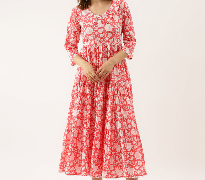 Divena Pink Floral Printed Cotton Ethnic Dress for Women