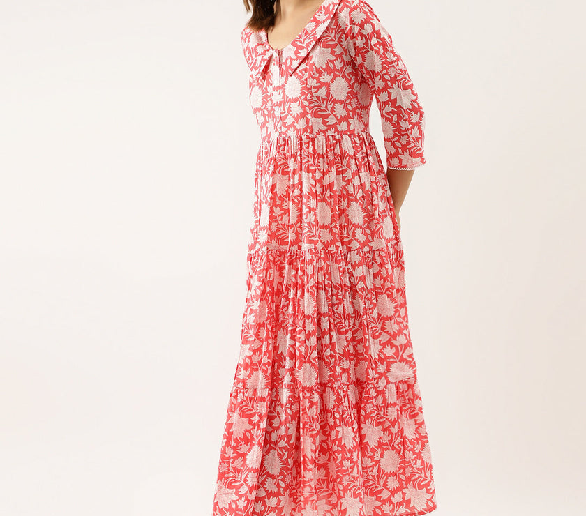 Divena Pink Floral Printed Cotton Ethnic Dress for Women