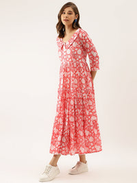 Divena Pink Floral Printed Cotton Ethnic Dress for Women