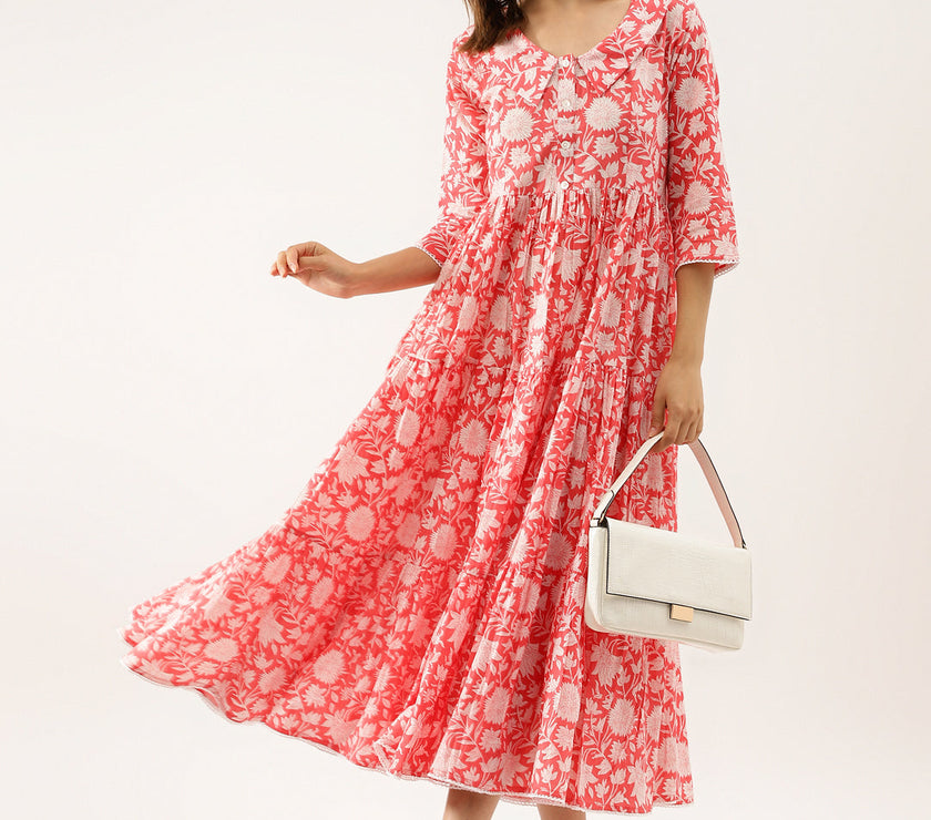 Divena Pink Floral Printed Cotton Ethnic Dress for Women