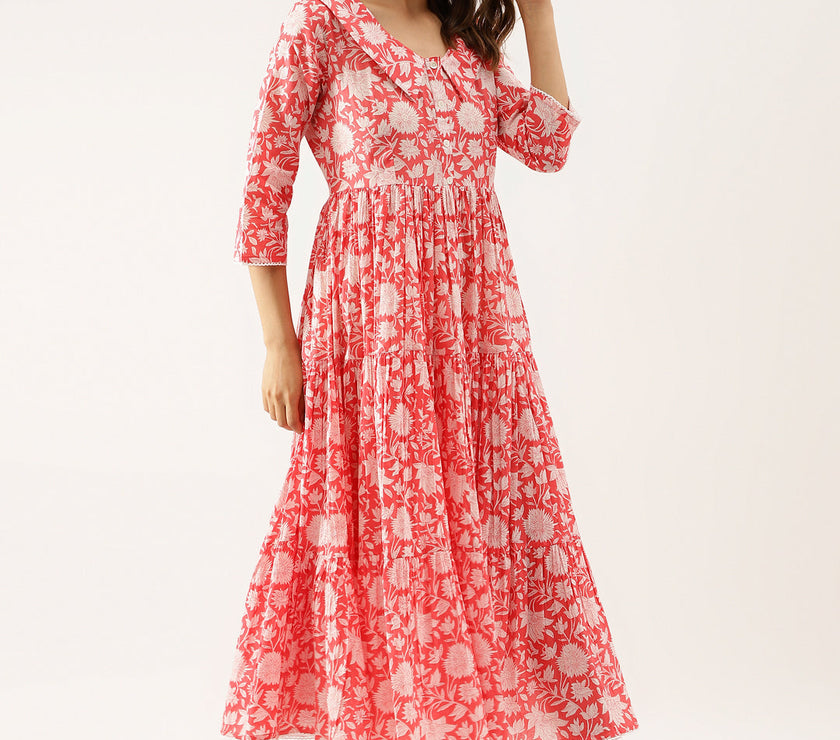 Divena Pink Floral Printed Cotton Ethnic Dress for Women