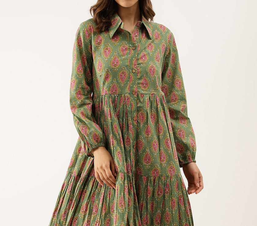 Green Paisley Printed Cotton Dress for Women