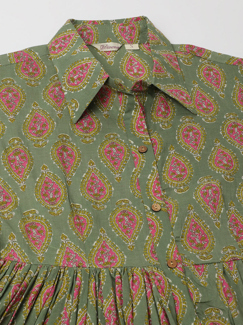 Green Paisley Printed Cotton Dress for Women